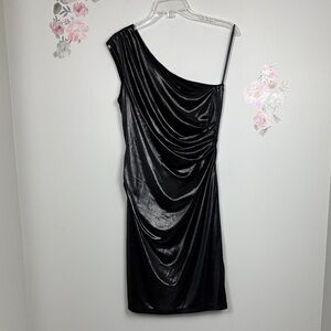 David Meister Shimmering Black One-Shoulder Dress - 10